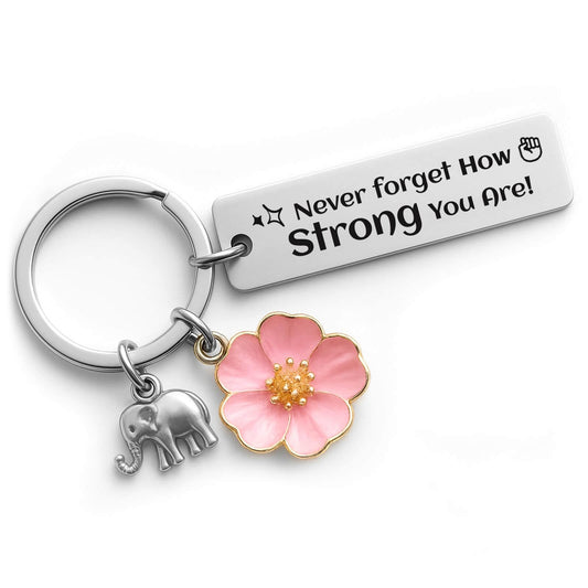 Bluradio Inspirational Keychain for Women, Motivational Gift “Never Forget How Strong You Are” Stainless Steel Keychain with Elephant & Flower Charms, Birthday Gifts for Women, Mom, Best Friend