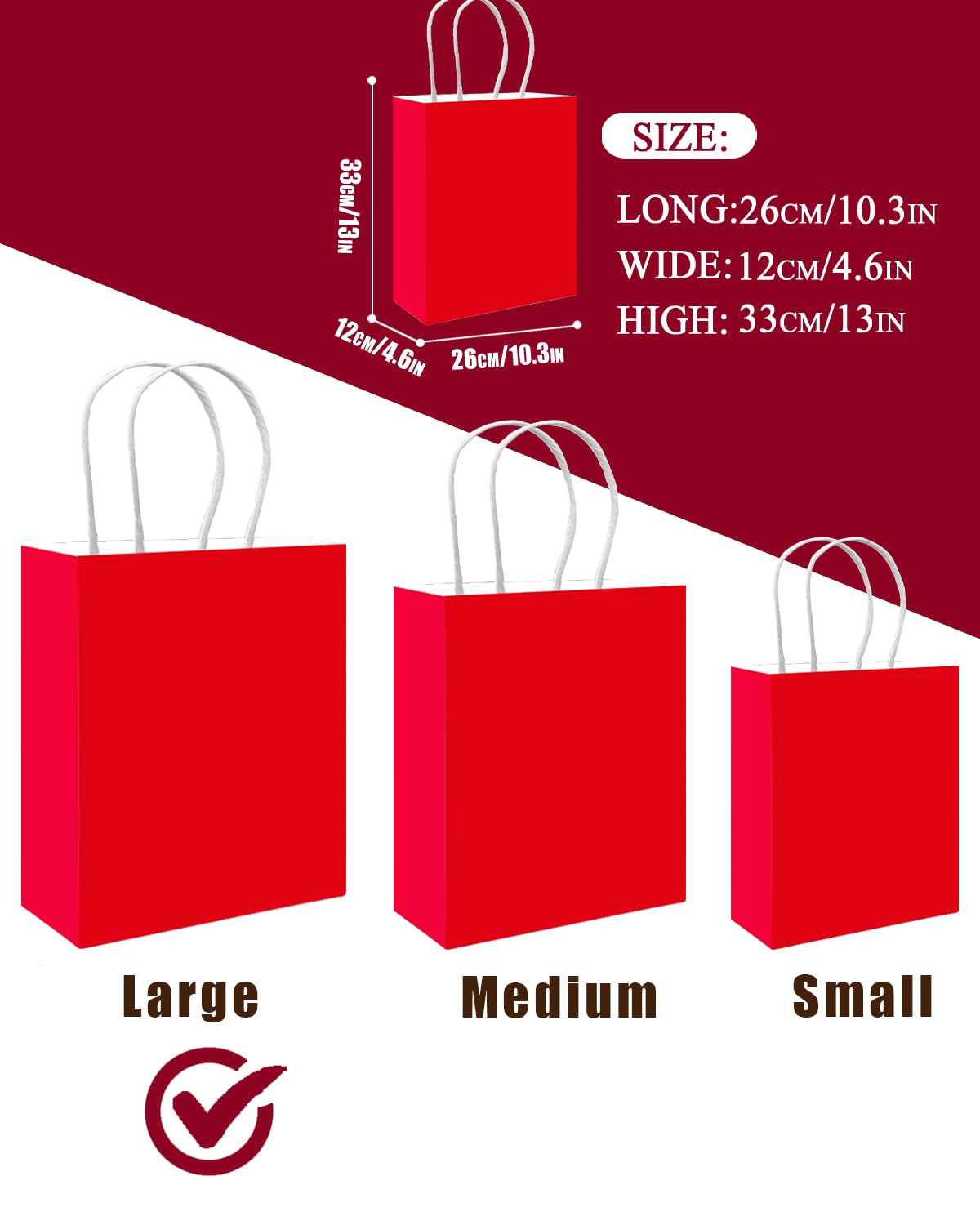 qiqee 100PCS Gift Bag with Handles Bulk Red Paper Bags Multiple Uses (13''x5 x10 inch Large Size)