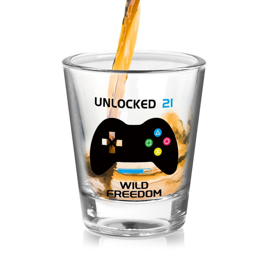 21st Birthday Gifts for Him, Unique Cool Shot Glass, UNLOCKED 21, WILD FREEDOM Print, Ideal 21st Birthday Gifts for Men