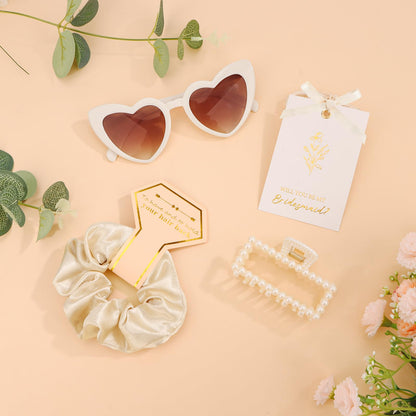 Bridesmaid Proposal Gift Set, 4PCS Satin Scrunchie, Pearl Hair Clip, Heart Shaped Sunglasses & Will You Be My Bridesmaid Card, Bridesmaids Gifts for Wedding Day and Bridal Shower (Champagne Gold)