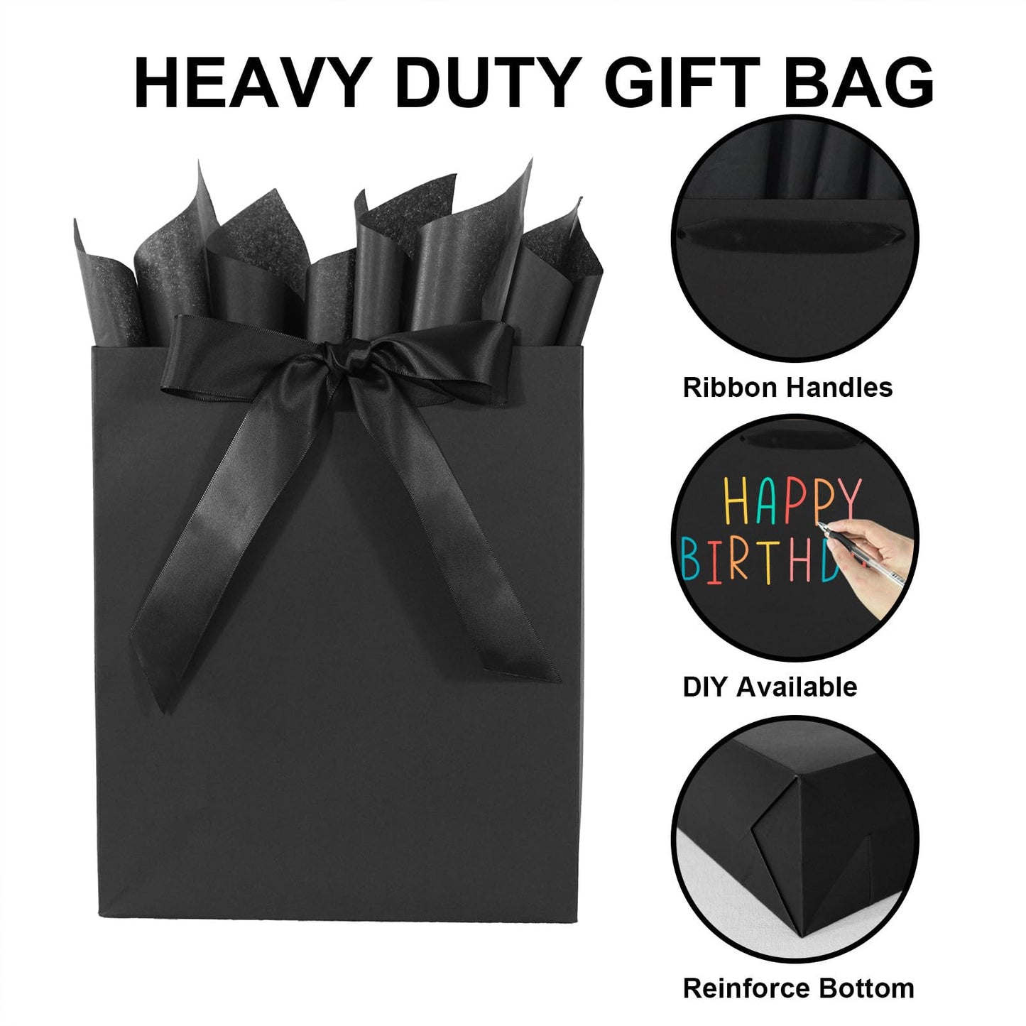 Elegant Black Gift Bag 10.2"x4.7"x12.2" with Ribbons Handles, Includes Card and Tissue Papers for Weddings, Birthdays, Baby Shower, Parties, Holidays
