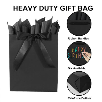 Elegant Black Gift Bag 10.2"x4.7"x12.2" with Ribbons Handles, Includes Card and Tissue Papers for Weddings, Birthdays, Baby Shower, Parties, Holidays