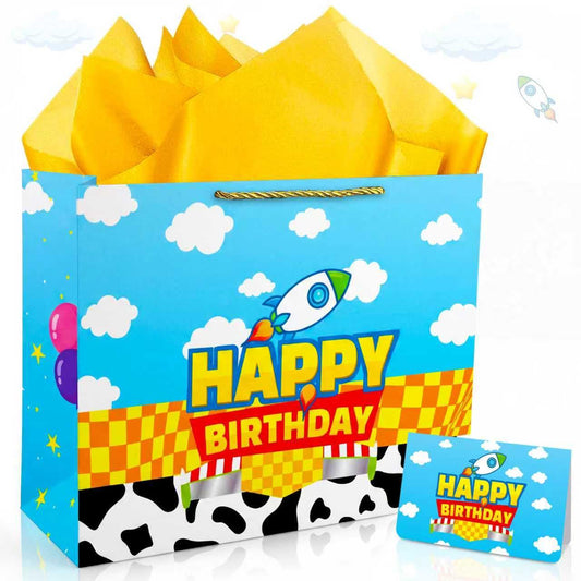 CHENRINDECO 13" Large Cartoon Story Birthday Gift Bag (Includes Card Colored Paper Envelope and Stickers) Blue Sky and White Clouds Rocket Party Favor Bag Cartoon Themed Birthday Party Supplies