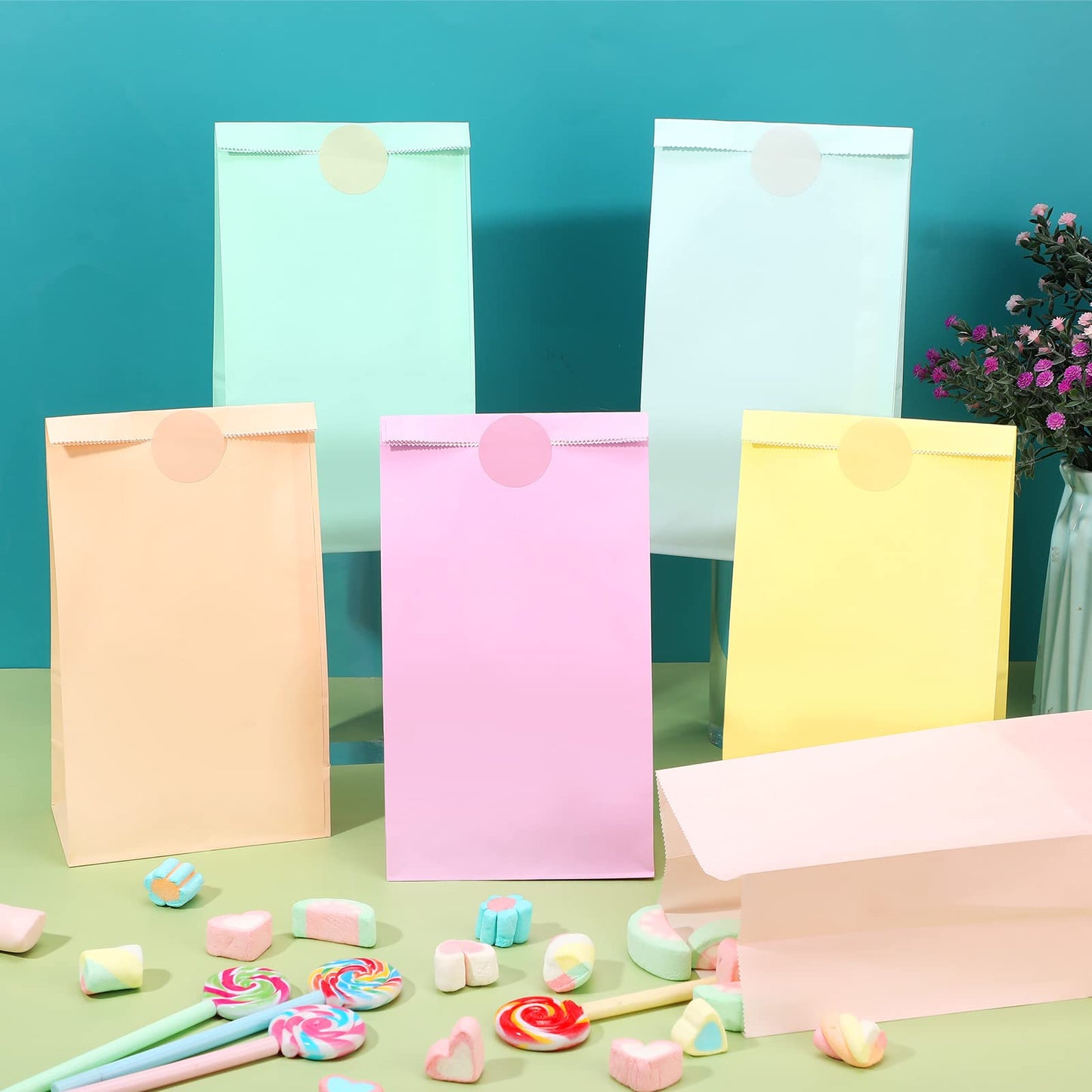 Zhehao 120 Pcs Pastel Gift Bags Candy Paper Bags with Stickers 5.1 x 3.2 x 9.5 Inch Party Favor Pastel Goodie Treat Sweet Craft Treat for Birthday Wedding Anniversary Supply