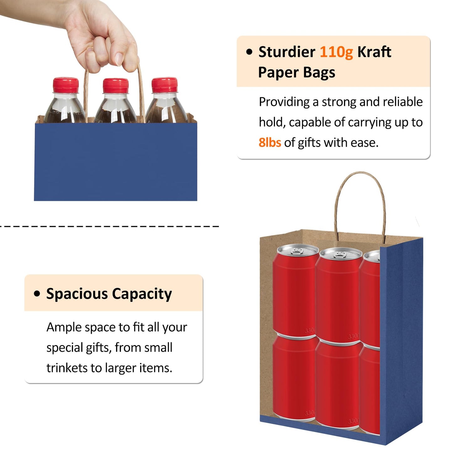 BagDream 50Pcs Gift Bags 8x4.25x10.5 Kraft Paper Gift Bags with Handles Bulk for Shopping, Wedding, Party Favor, Merchandise, Retail, Navy Blue Paper Grocery Sacks