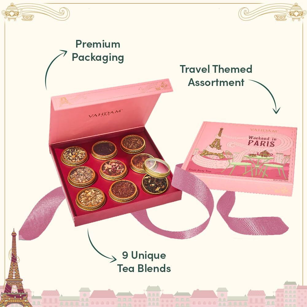 VAHDAM, Weekend in Paris Tea Gift Set - 9 Assorted Teas | Travel Edition Gift Box | Natural Ingredients Luxury Tea Set | Gluten Free, Non-GMO