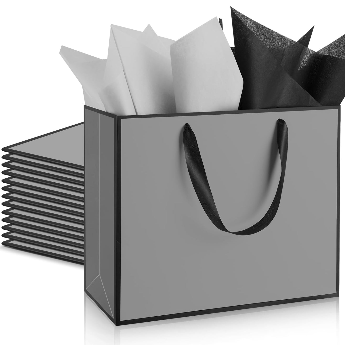 ReliThick 12 Pack Metallic Paper Gift Bag with Handles and Tissue Paper 11.8 x 10 x 4'' Thank You Favor Bag for Graduation Mother's Day Wedding Bridesmaid Groomsman 5 Senses Gifts (Gray,Black)