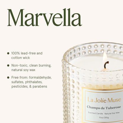 LA JOLIE MUSE Champs de Tuberose Scented Candle - Ylang, Tuberose, Orange Blossom | 10 oz Natural Soy Wax | 55 Hours Clean Burn | Floral Scented Candle | Gift-Ready for Hosts & Gatherings