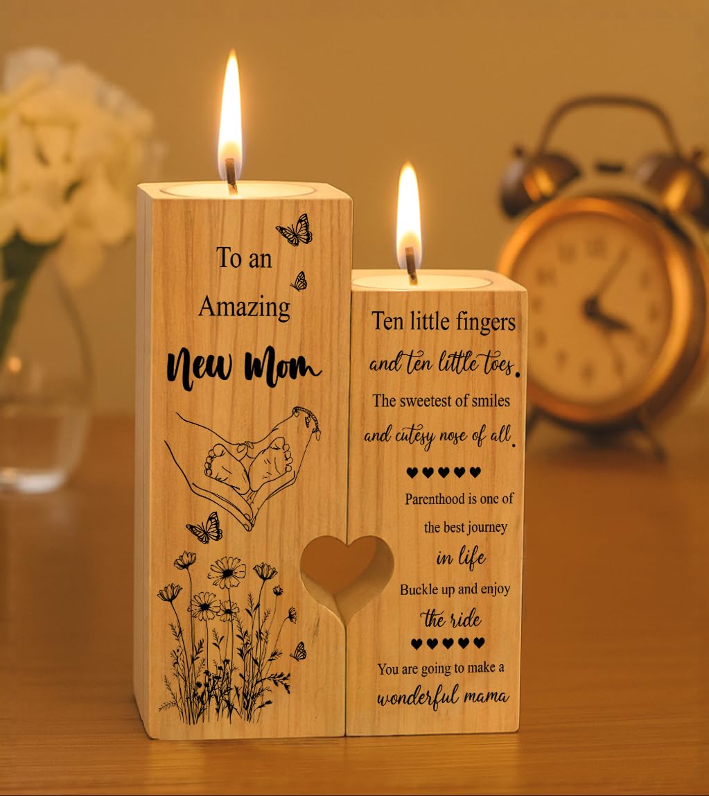 New Mom Gifts – Wooden Candle Holder with Poem – Gift for New Mom After Birth, Postpartum Gifts, Pregnancy Gifts for Expecting Mom, Push Presents, First Time Mom Gift