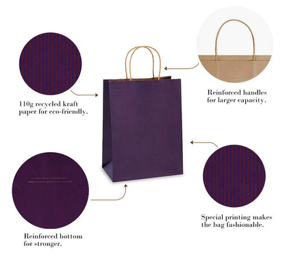 BagDream Gift Bags 8x4.25x10.5 Inches 25Pcs Kraft Paper Bags with Handles, Purple Stripes, for Shopping, Retail, Merchandise, Business, Party Favor Paper Gift Sacks