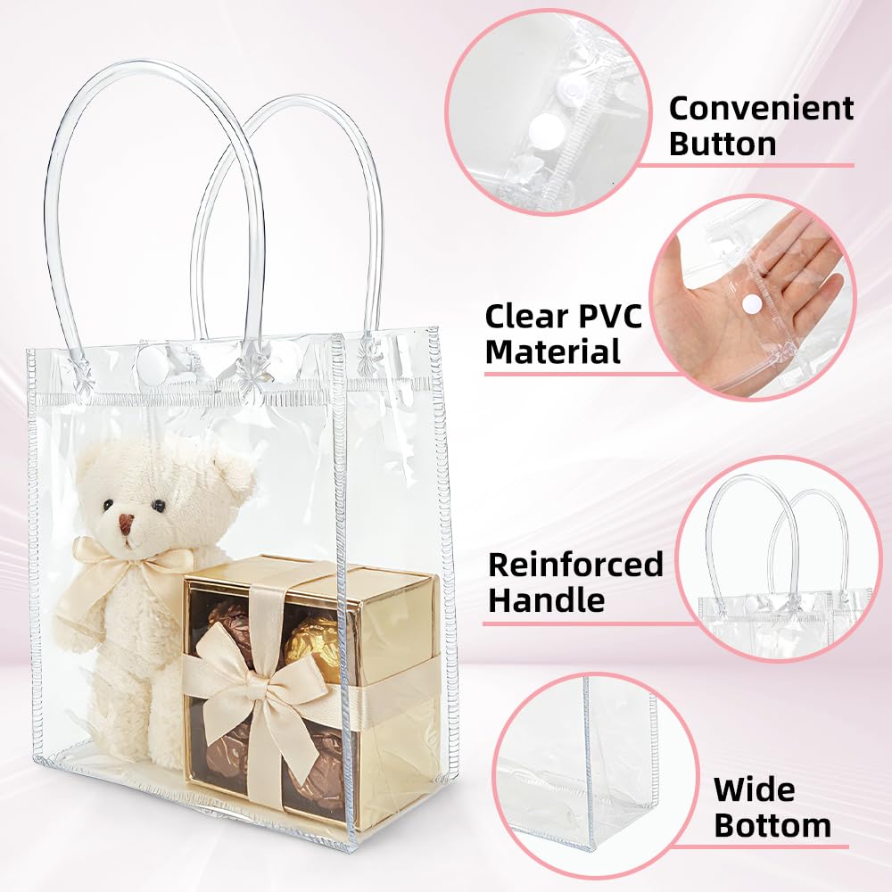 10 PCS Clear Gift Bags with Handles(2.7x5.1x5.9 Inch) Reusable Transparent PVC Tote Goodie Bags Bulk Wedding Brthday Holiday Party Favors Supplies Wrap Basket Stuffers Goody Pouch Baggies for Presents