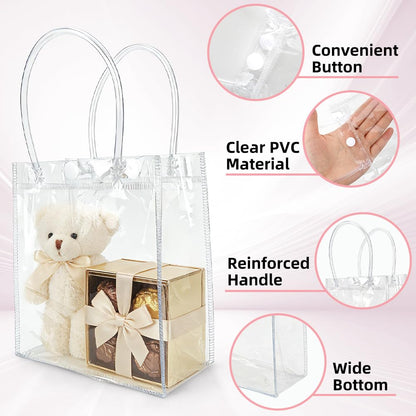 10 PCS Clear Gift Bags with Handles(2.7x5.1x5.9 Inch) Reusable Transparent PVC Tote Goodie Bags Bulk Wedding Brthday Holiday Party Favors Supplies Wrap Basket Stuffers Goody Pouch Baggies for Presents