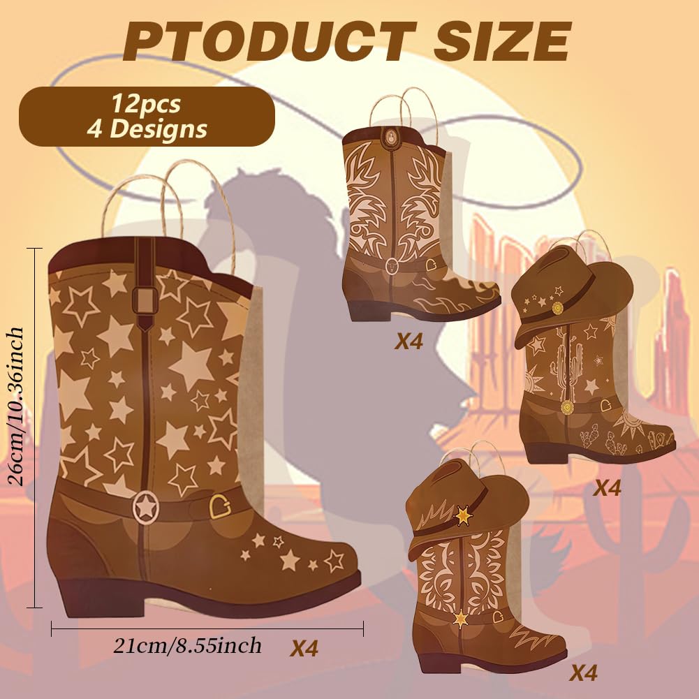 16 Pcs DIY Cowboy Boots Paper Bags Cowboy Hat Kraft Bags Western Theme Party Decorations Favors Wild West Gift Bag with Handles Rodeo Boot Hat Goodie Bag for Cowboy Birthday Bachelorette Party Supplies