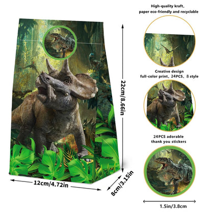 24 Pcs Jurassic Dinosaur Paper Bags with Stickers,Dino Birthday Themed Party Favor Bags Gift Bags,Dinosaur Themed Birthday Party Decor Supplies, 4 Designs(24pcs-Dinosaurbags)