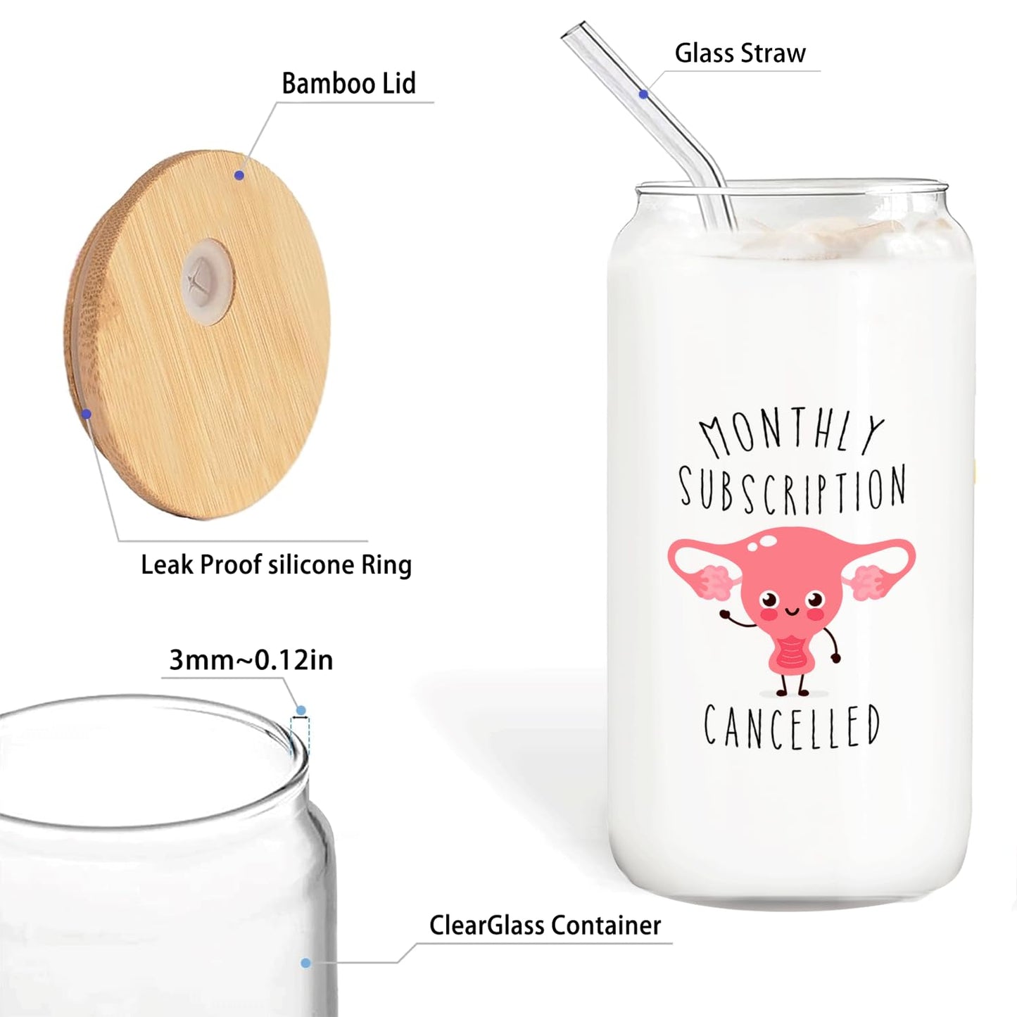 Hysterectomy Recovery Gifts - Monthly Subscription Cancelled Glass Cup with Lids and Straws 14oz, Get Well Soon Gifts for Women, Glass Coffee Tumbler Drinking Jars with Cleaning Brush