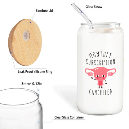 Hysterectomy Recovery Gifts - Monthly Subscription Cancelled Glass Cup with Lids and Straws 14oz, Get Well Soon Gifts for Women, Glass Coffee Tumbler Drinking Jars with Cleaning Brush