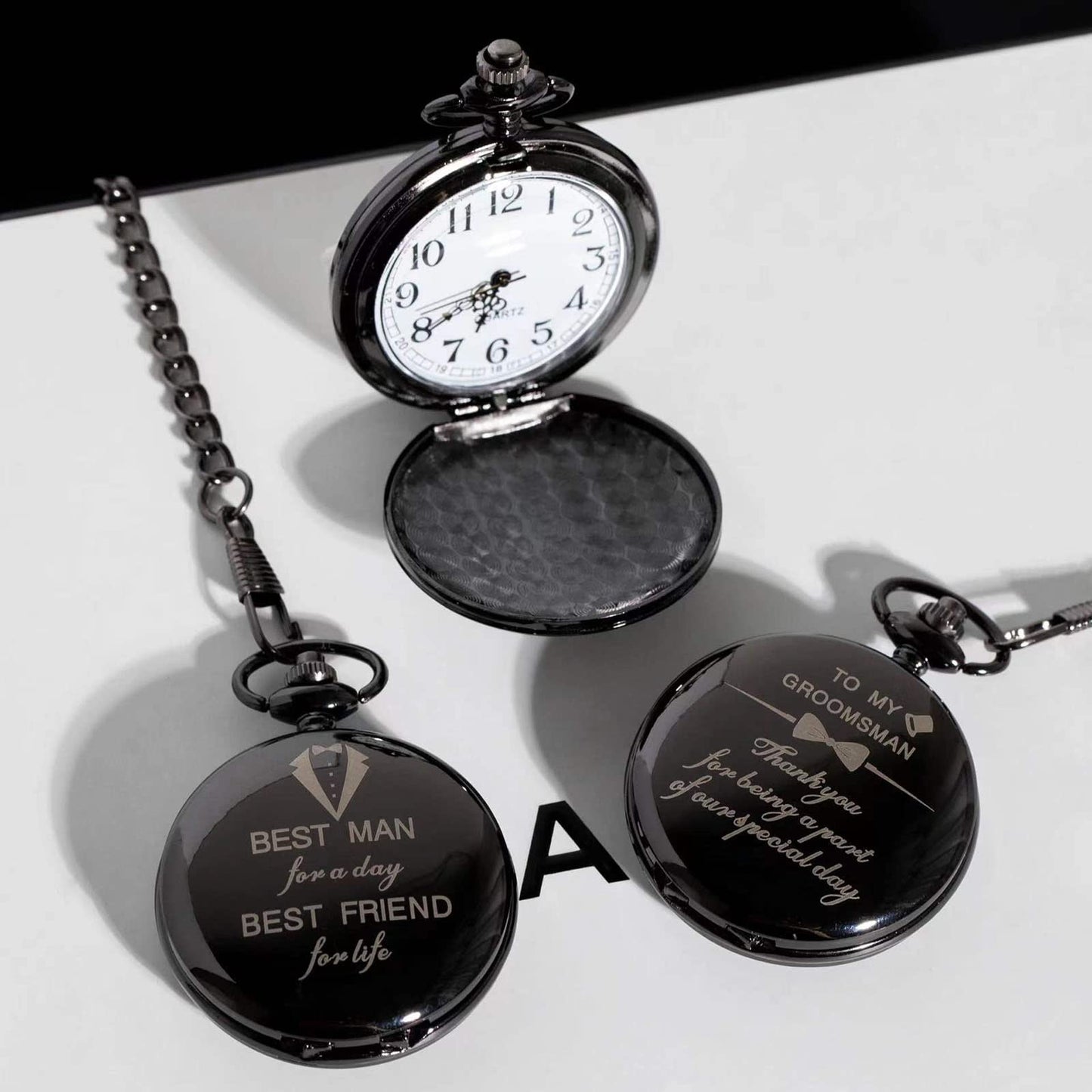4 Pcs Groomsman Gifts for Wedding Groomsmen Engraved Pocket Watch Best Man Proposal Gifts Roman Numerals Quartz Pocket Watch Wedding Gifts with Chain for Groomsman Best Man