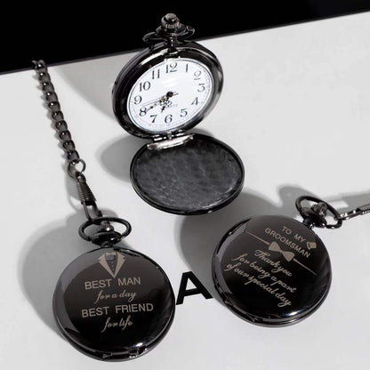 4 Pcs Groomsman Gifts for Wedding Groomsmen Engraved Pocket Watch Best Man Proposal Gifts Roman Numerals Quartz Pocket Watch Wedding Gifts with Chain for Groomsman Best Man