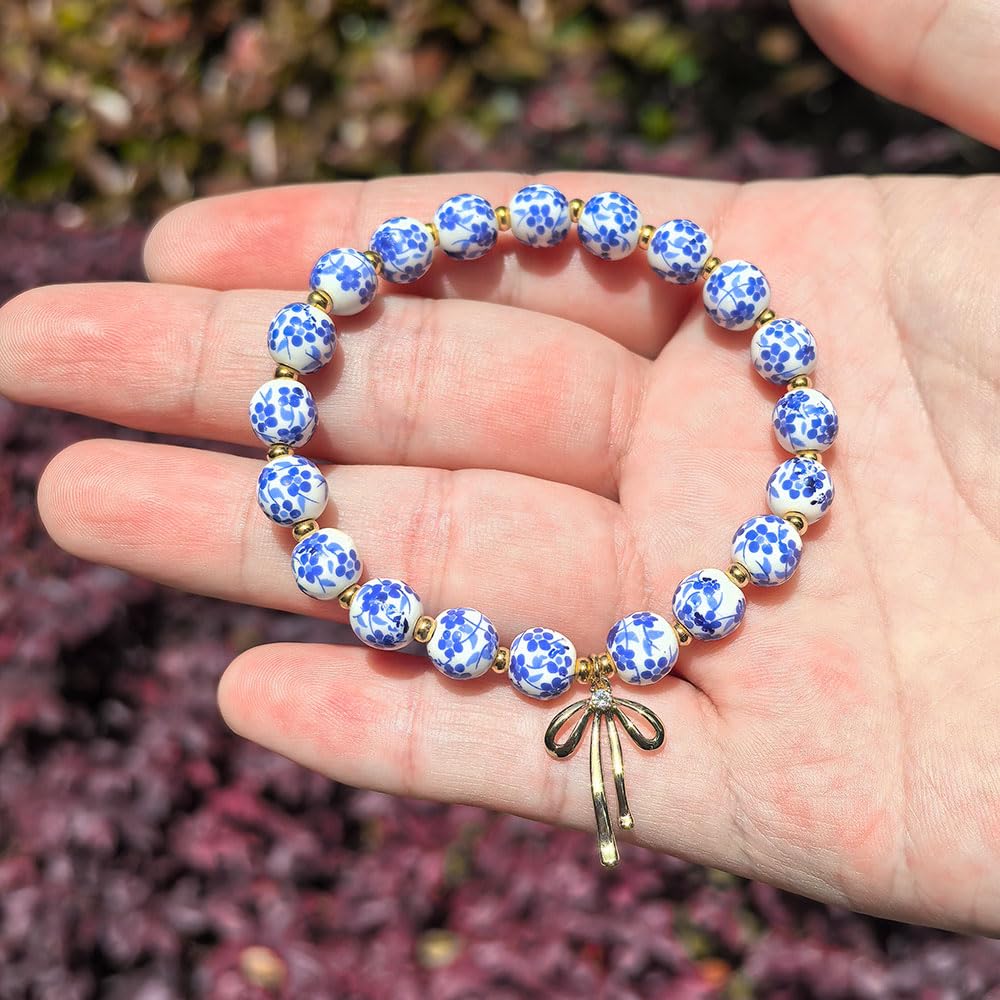 Bow Bracelet Necklace Set 14K Gold Beaded Bracelet Dainty Bow Pendant Choker Jewelry Gift Set