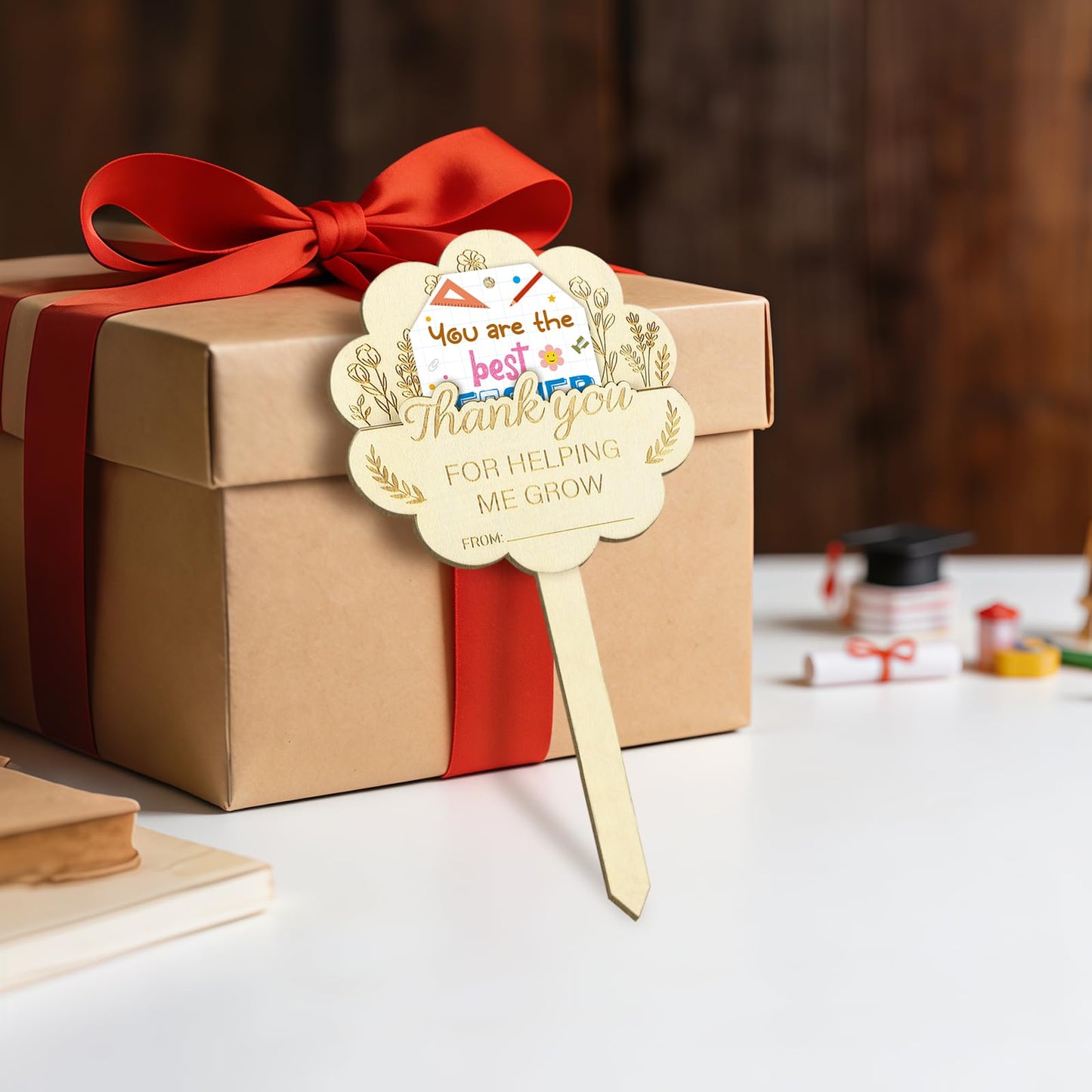 2Pcs Teacher Appreciation Gifts Card Holder, Wooden Teachers Thank You Gift Card Holder for Women Men Back to School Party Supplies