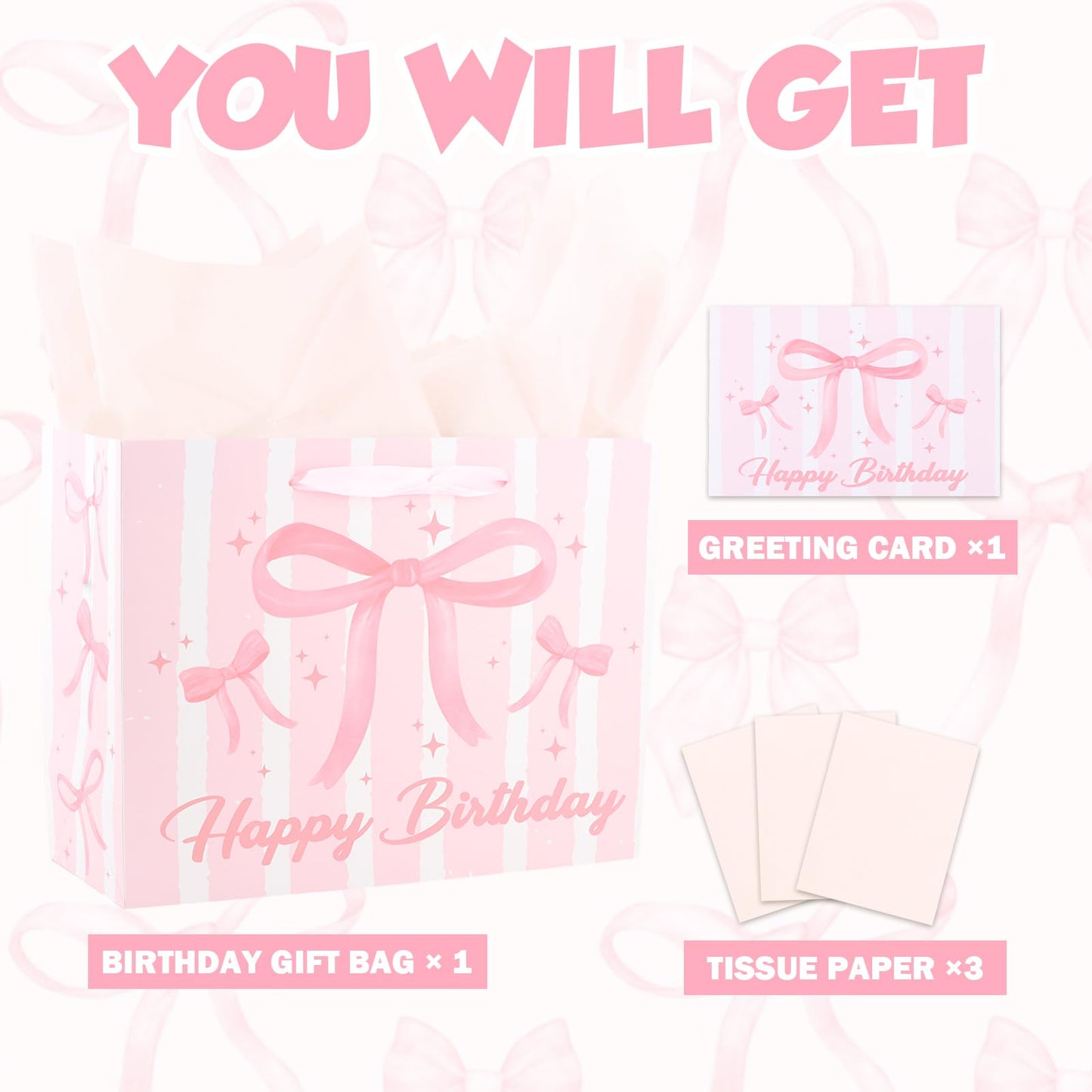 KEUKORZ Pink Birthday Gift Bag Set-Comes with Tissue Paper and Greeting Card, Large 13x10.3x5 Inch Bow Design Gift Wrapping Set, Perfect for Girls and Women