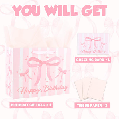 KEUKORZ Pink Birthday Gift Bag Set-Comes with Tissue Paper and Greeting Card, Large 13x10.3x5 Inch Bow Design Gift Wrapping Set, Perfect for Girls and Women