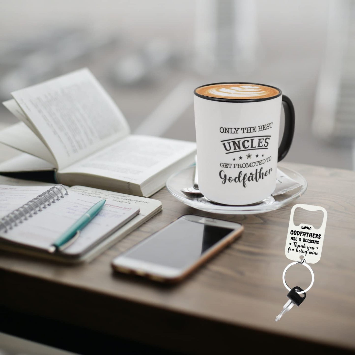 Godfather Mug 11 Ounces Ceramic Coffee Cup with Bottle Opener Keychain, Gift for Godfather Proposal, Birthday, Father’s Day, Christmas from Godchild