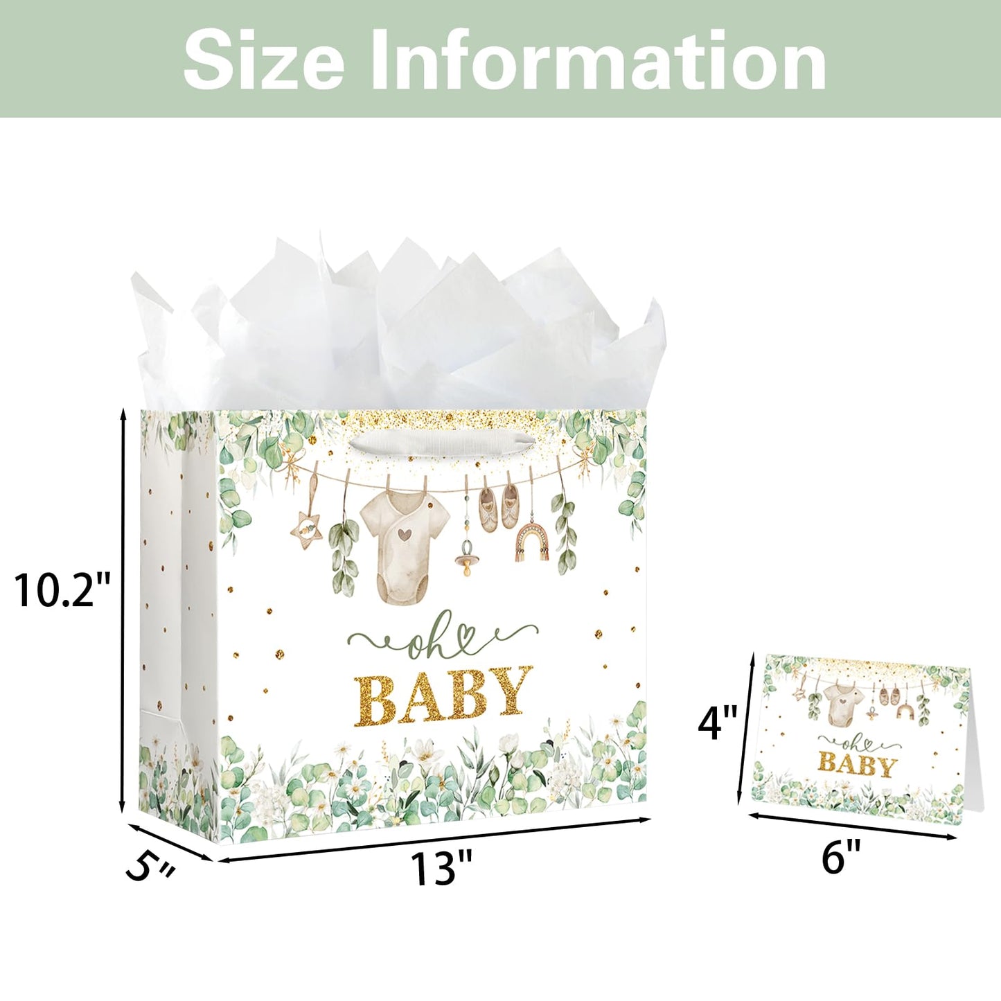 Yusenguan 13" Large Baby Gift Bag with Tissue Paper, Greeting Card and Handle for Baby Shower Boys Girl's Kid's Birthday Parties (Green)