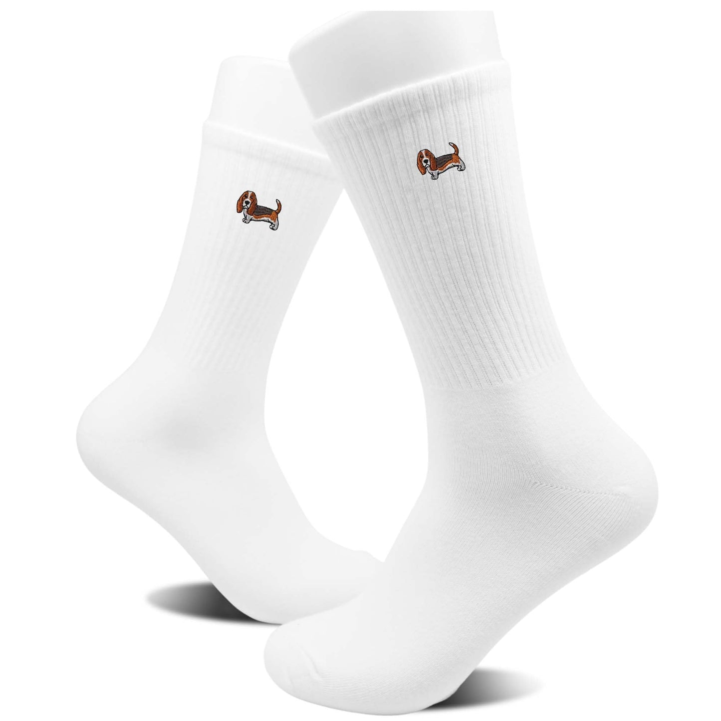 Basset Hound Socks for Women or Men - Cute Cartoon Basset Dog Design Embroidery White Crew Socks.(029)
