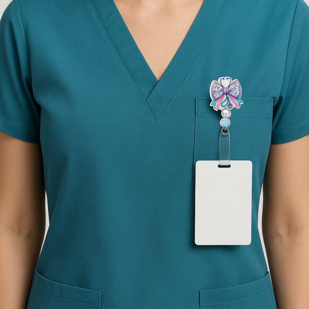 Labor and Delivery Badge Reel Pastel Ribbon Stethoscope Cute Bottle Footprint Nurse ID Name Holder Retractable Clip Medical Work Accessories Gifts for Maternity NICU OB Pediatric Postpartum Midwife