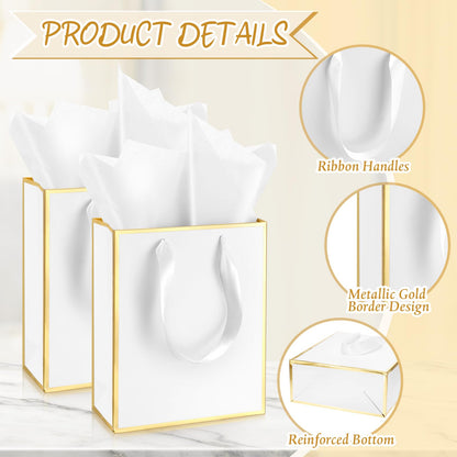 Yeaqee 50 Pack Metallic Gift Bags with Handle and Tissue Paper Gold Foil Thank You Bag for Graduation Wedding Groomsmen Bridal Baby Shower Gifts Holiday Party Favors 9x7x3.15'' (White Gold)