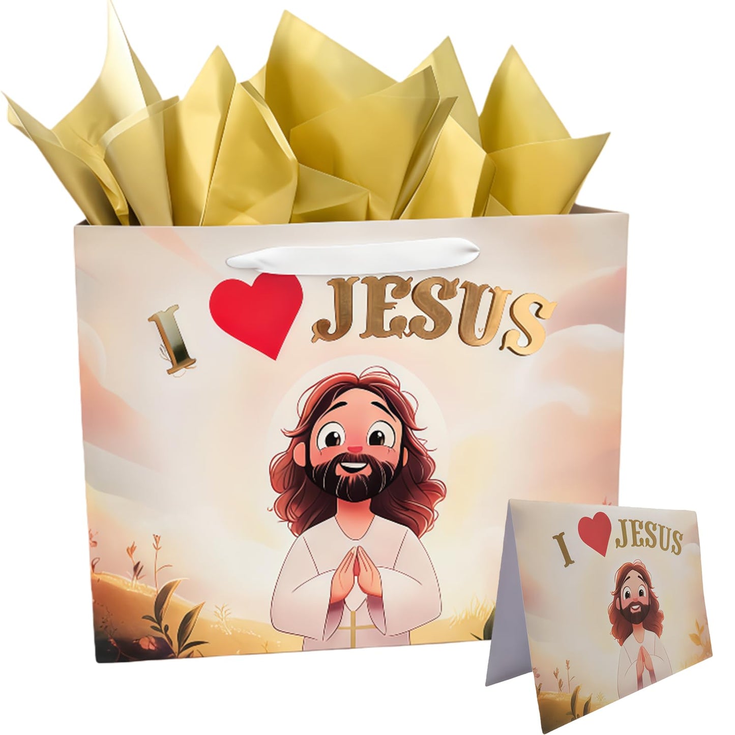 Pigeon Poros Baptism Gift Bag Set, Complete with Tissue Paper, Greeting Card & Envelope - Cute Chibi Jesus Design for Christian Gifts, Church Events, Religious Celebrations - 12.6x10.3x4.7 Inches, 1 Pc