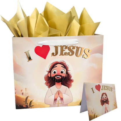 Pigeon Poros Baptism Gift Bag Set, Complete with Tissue Paper, Greeting Card & Envelope - Cute Chibi Jesus Design for Christian Gifts, Church Events, Religious Celebrations - 12.6x10.3x4.7 Inches, 1 Pc