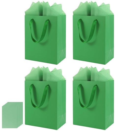 Epoesch 4 Pack Green Gift Bags Handles and 8 Tissue Paper, Medium Size 8 X 5 X10 Inch Paper Bag for Birthday Party, Baby Shower, Wedding Favors or Mother's Day, Father's Day