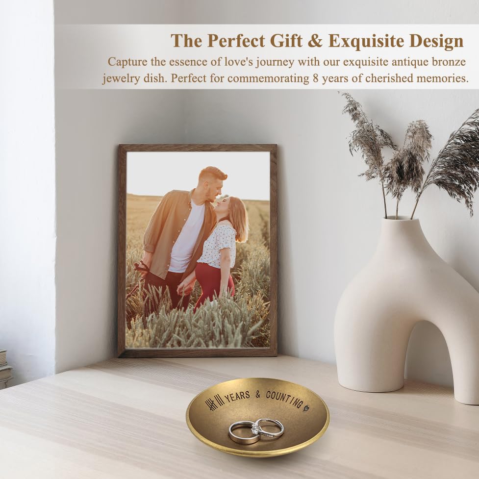 Urllinz Bronze 8 Year Anniversary Wedding Gifts - 8th Anniversary Jewelry Tray for Him Men Wife Couple, Bronze Ring Holder Dish & Card & Gift Box, 4"