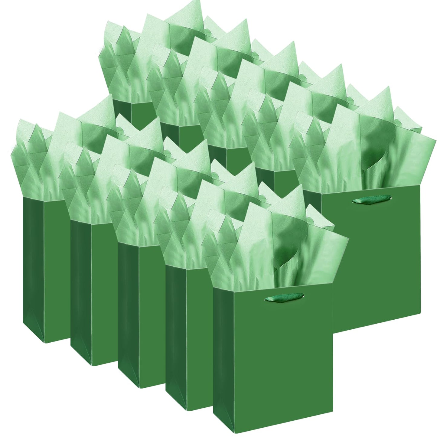 qiqee 10PCS Deep Green Mini Gift Bags with Tissue Paper Handles 6.3"x4.7"x2.4" Small Size Present Party Favor Bags（Tissue Paper Included ）