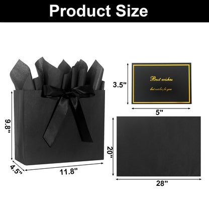 Elegant Black Gift Bag 11.8"x4.5"x9.8" with Ribbons Handles, Includes Card and Tissue for Weddings, Birthdays, Baby Shower Parties, Holidays