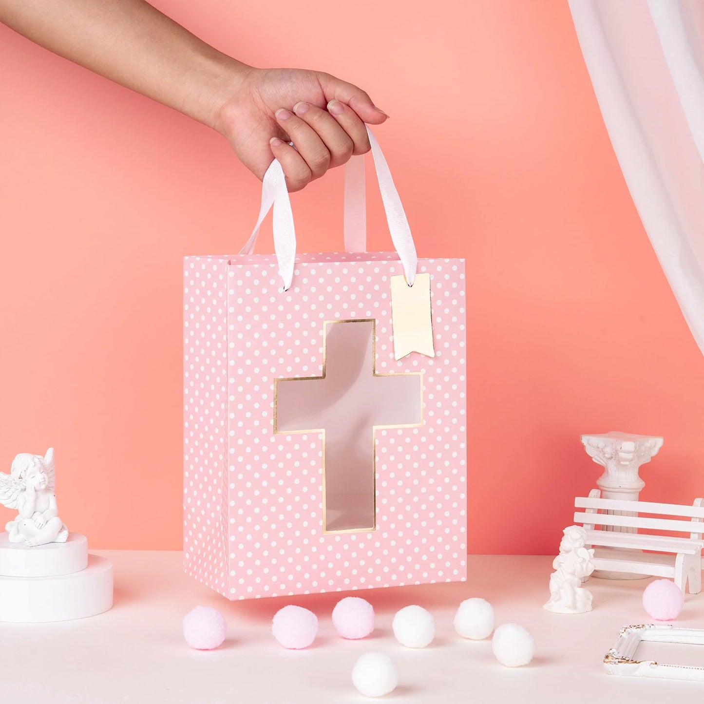 Loveinside Pink Gift Bag, Gold Foil Religious Cross and Dots Design, Gift Bag with Tissue Paper, Tag for Baby Girl Baptisms, Baby Shower, First Communion, Religious Celebrations, 7" x 4" x 9", 1 Pcs