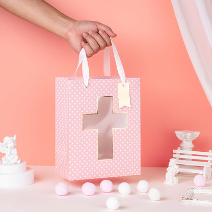 Loveinside Pink Gift Bag, Gold Foil Religious Cross and Dots Design, Gift Bag with Tissue Paper, Tag for Baby Girl Baptisms, Baby Shower, First Communion, Religious Celebrations, 7" x 4" x 9", 1 Pcs