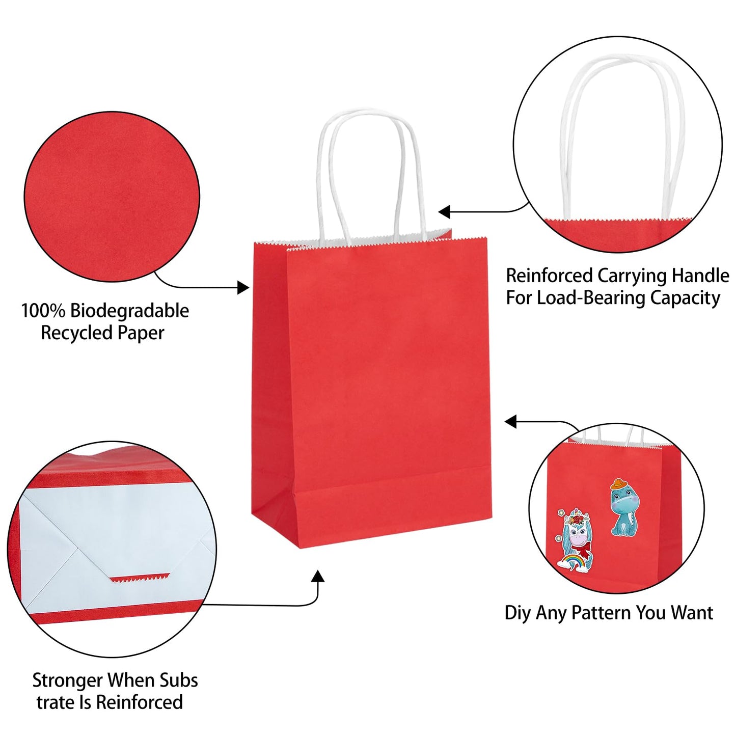 MOZRRO Gift Bags, 100 Pack 10.5x8.5x4.5 Inch, Paper Bags with Handles, Red, Medium Size, Recyclable, Eco-Friendly, Birthday, Wedding, Bulk, Party, Lunch Bags