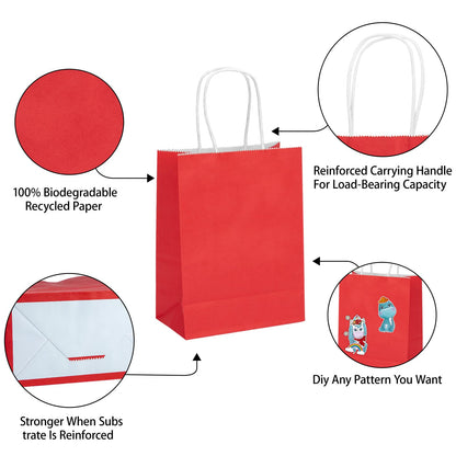 MOZRRO Gift Bags, 100 Pack 10.5x8.5x4.5 Inch, Paper Bags with Handles, Red, Medium Size, Recyclable, Eco-Friendly, Birthday, Wedding, Bulk, Party, Lunch Bags