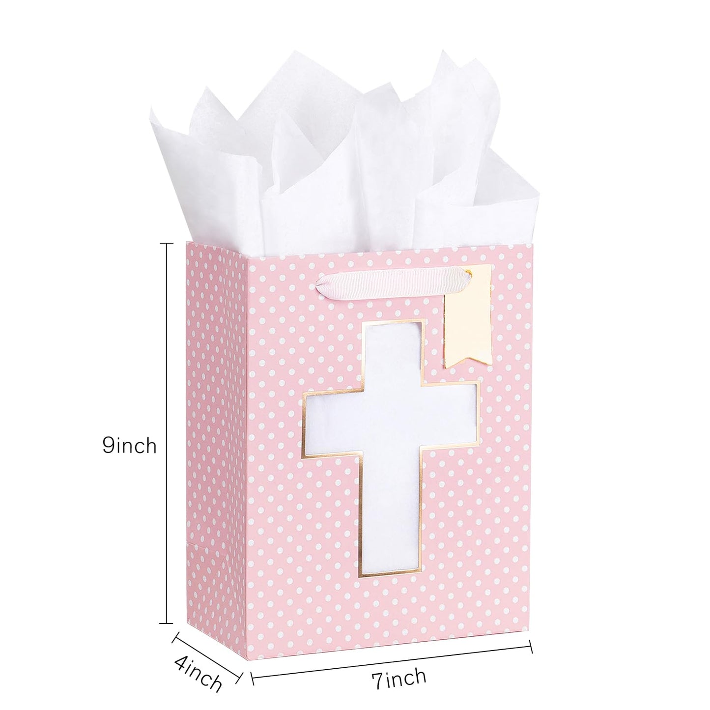 Loveinside Pink Gift Bag, Gold Foil Religious Cross and Dots Design, Gift Bag with Tissue Paper, Tag for Baby Girl Baptisms, Baby Shower, First Communion, Religious Celebrations, 7" x 4" x 9", 1 Pcs