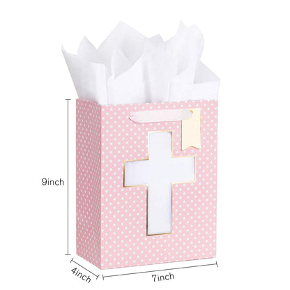 Loveinside Pink Gift Bag, Gold Foil Religious Cross and Dots Design, Gift Bag with Tissue Paper, Tag for Baby Girl Baptisms, Baby Shower, First Communion, Religious Celebrations, 7" x 4" x 9", 1 Pcs