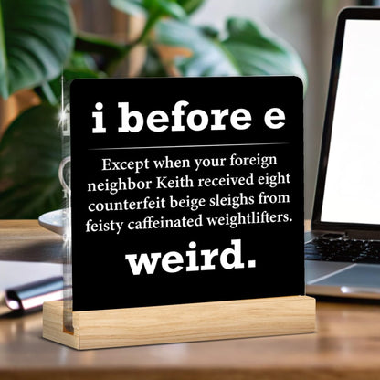English Teacher Gifts for Women Men, Funny Gifts for English Grammar Teacher Birthday Christmas Back to School, I Before E Acrylic Plaque Sign Decor