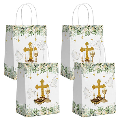 AIBIIN 24PCS Baptism Gift Bags with Handles Greenery Christening First Holy Communion Party Favors Mi Primera Comunion God Bless Goodie Treat Candy Paper Bags Party Decorations Supplies