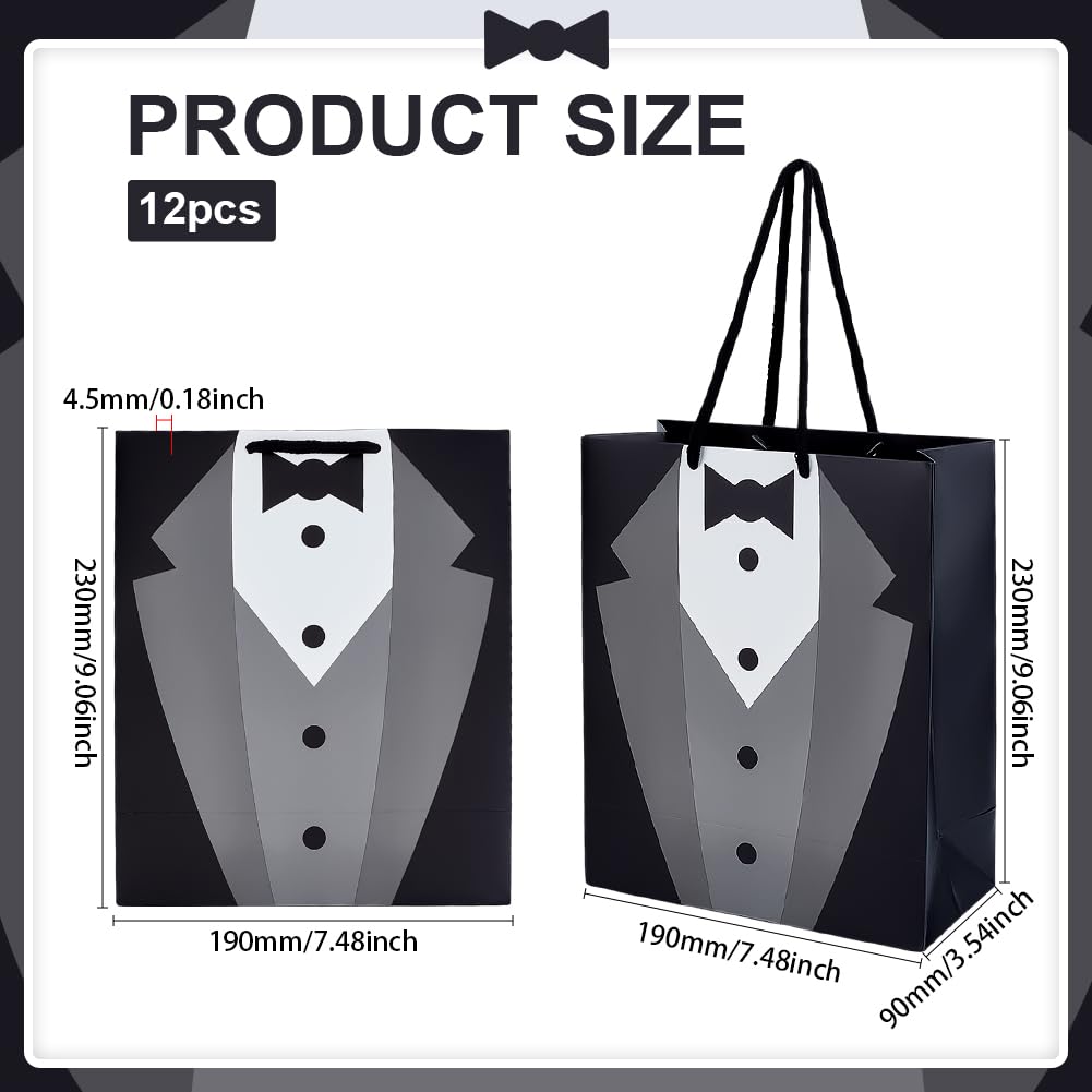 BENECREAT 12 Pack Tuxedo Gift Bags, 9.1x7.4x3.5inch Black White Paper Gift Bags with Handle for Groomsman, Bachelor Party Favors, Wedding