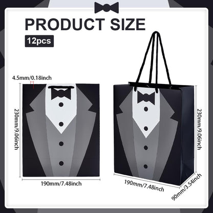 BENECREAT 12 Pack Tuxedo Gift Bags, 9.1x7.4x3.5inch Black White Paper Gift Bags with Handle for Groomsman, Bachelor Party Favors, Wedding
