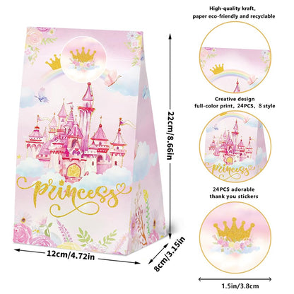 24 Pcs Princess Prince Party Gift Bags with Stickers,Castle Themed Birthday Party Favor Bags for Princess Prince Party,Gender Reveal & Wedding Decorations Supplies