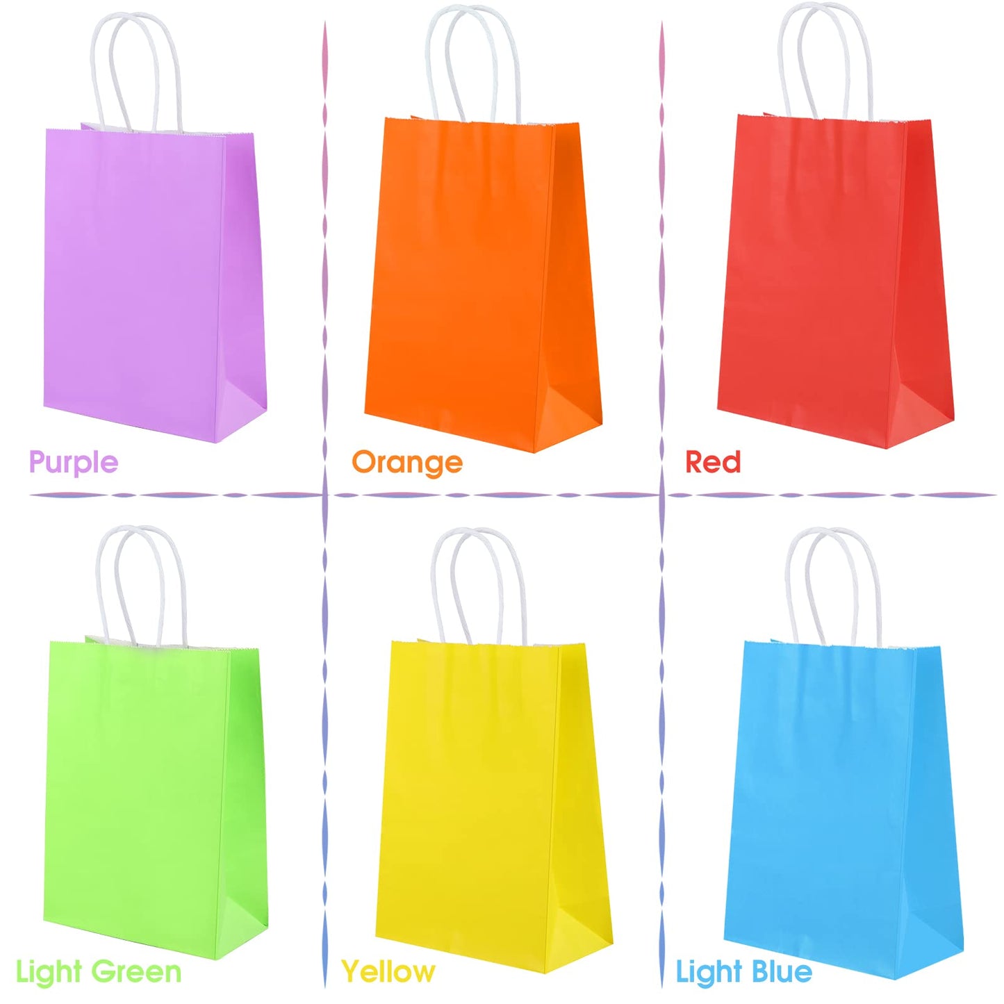 XPCARE 100Pcs Paper Gift Bags,6.3"x3.15"x8.66 Kraft Paper Party Favor Bulk Rainbow Goodie Small Gift Bags with Handles for Kids Birthday Baby Shower Crafts Wedding Party Supplies (6 Colors)
