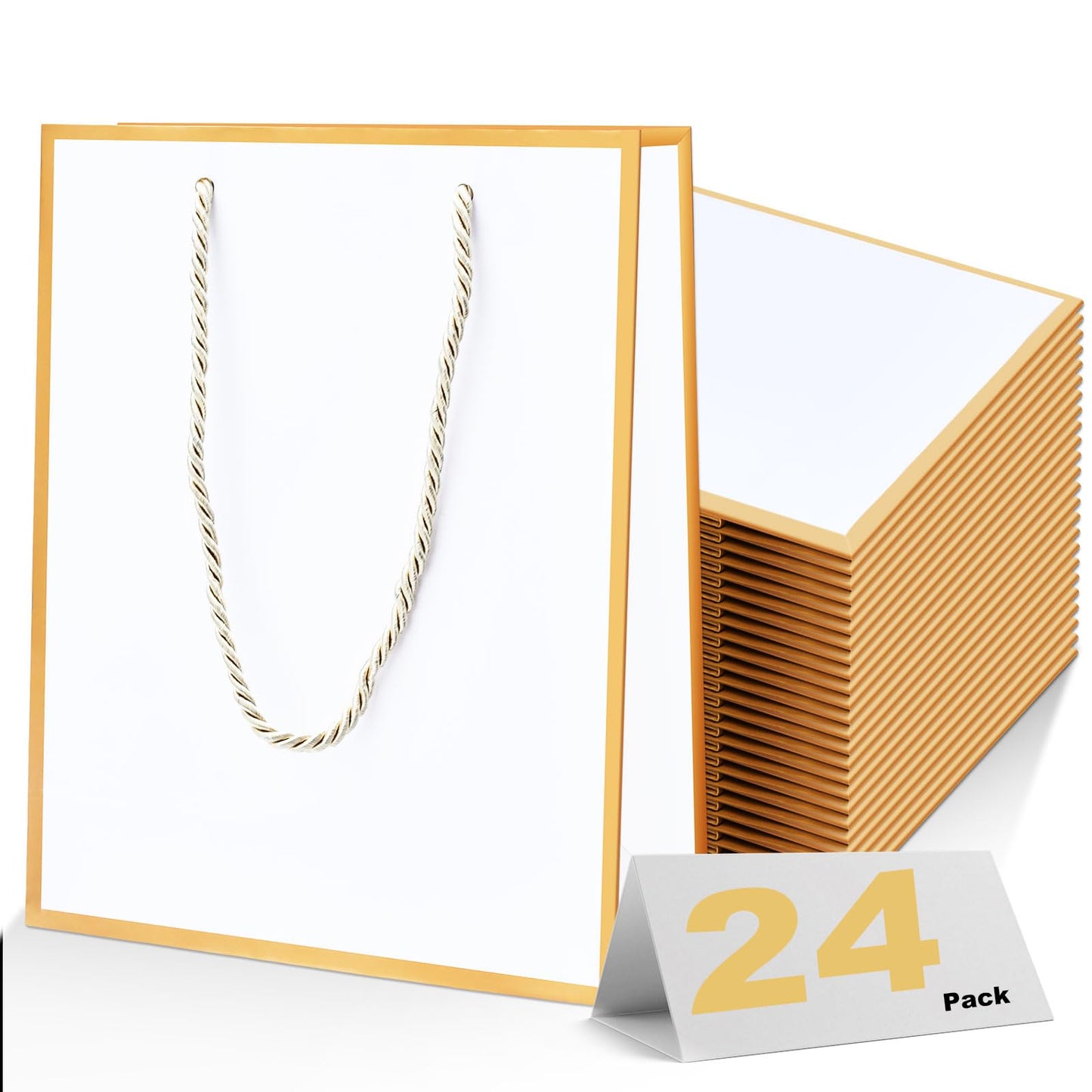 24Pack Medium Gift Bags with Handles,White Birthday Gift Bag 7,08'' x 3.14'' x 9.05',Welcome Bags Return Gifts with Golden Edge Design,Thank you Gifts Bag for Christmas Vacation Wedding Bridesmaid